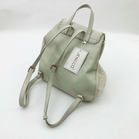 Jen and Co. Tribal Back Pack Vegan Leather Embroidered Woven Pattern Ivory Cream - Picture 2 of 7